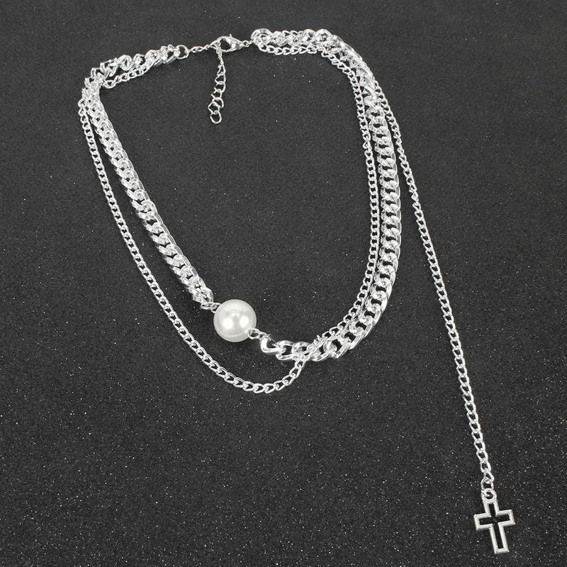 Stylish Multi-Layer Chain Necklace With Cross Pendant