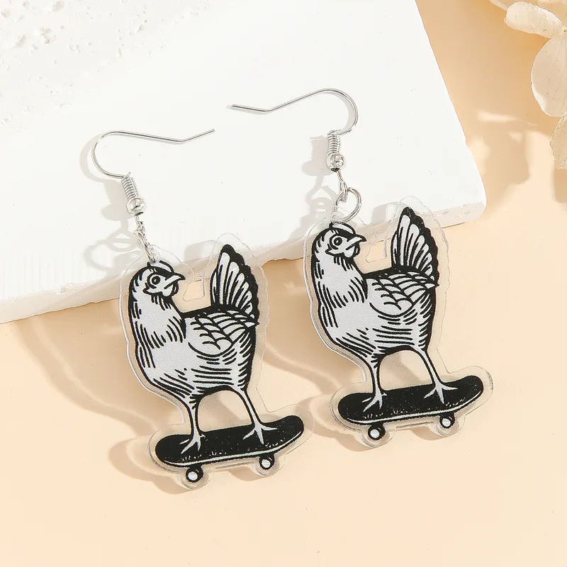Quirky Chicken On Skateboard Drop Earrings