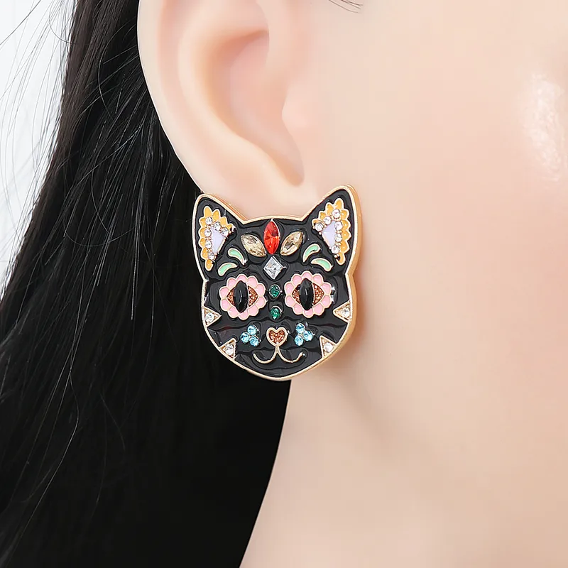 Vibrant Black Cat Stud Earrings