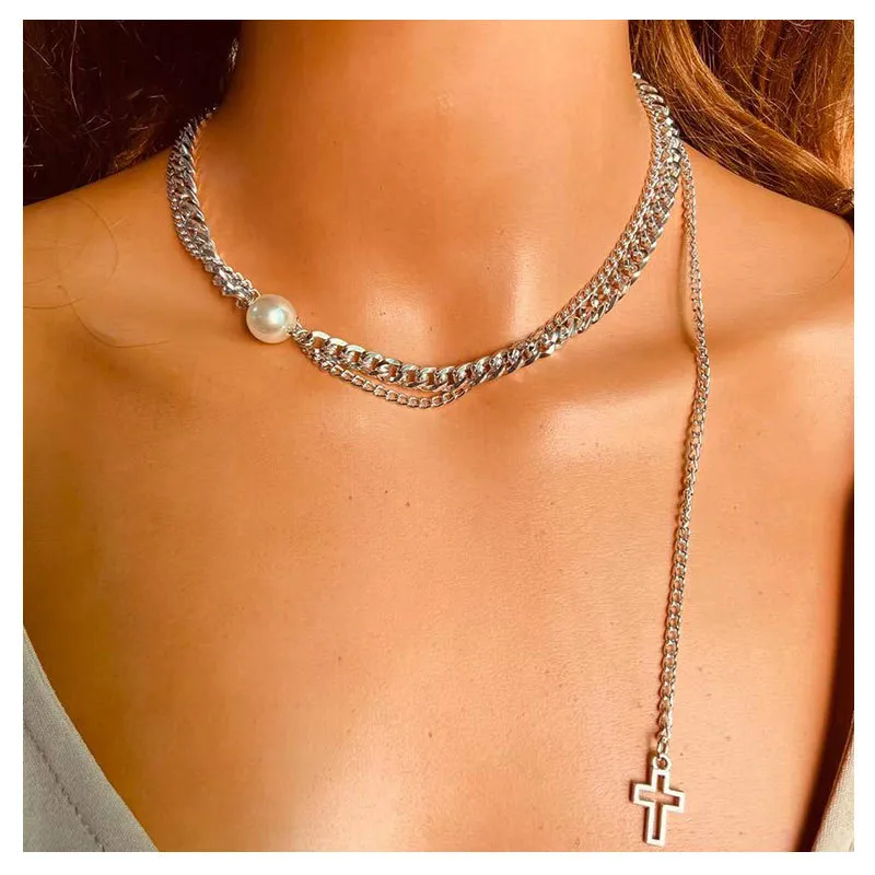 Stylish Multi-Layer Chain Necklace With Cross Pendant
