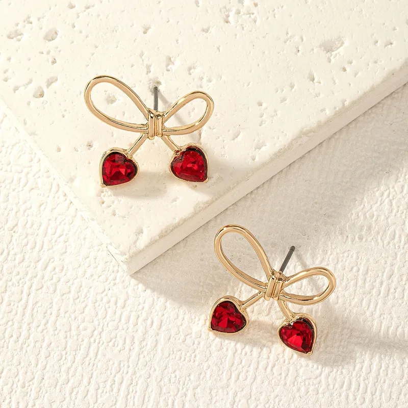 Elegant Bow Knot Red Heart Earrings