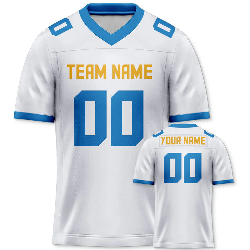 Custom White Powder Blue-Yellow Mesh Authentic Football Jersey